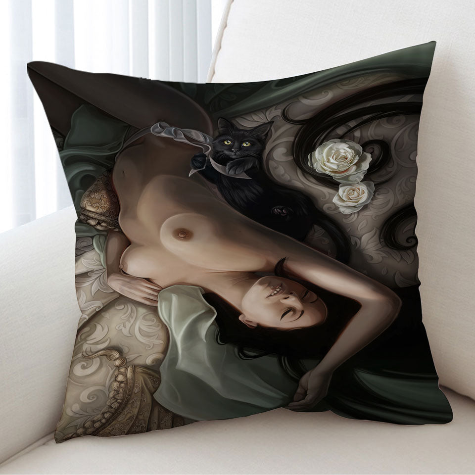 Sexy Decorative Cushions Art Black Cat and Sleeping Beautiful Woman