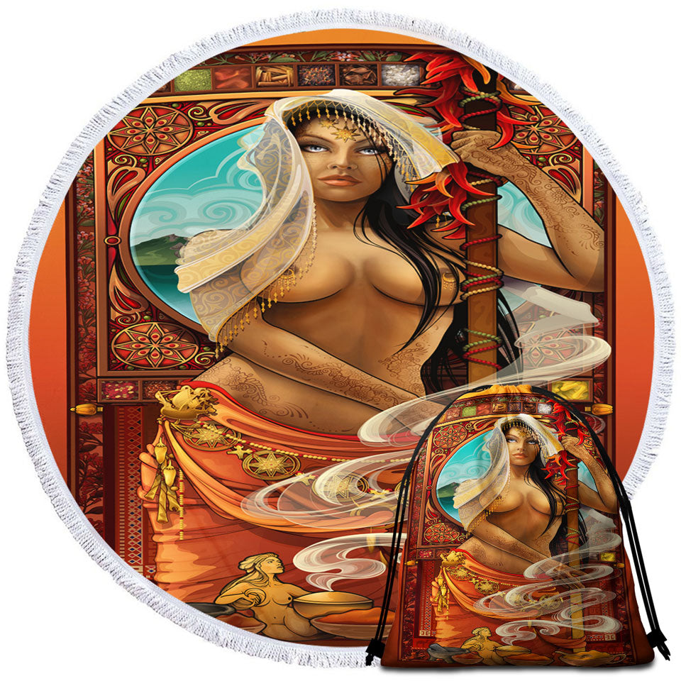 Sexy Oriental Girl Mens Beach Towel Goddess of Spices