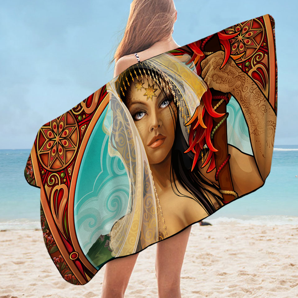 Sexy Oriental Girl Microfiber Beach Towel Goddess of Spices
