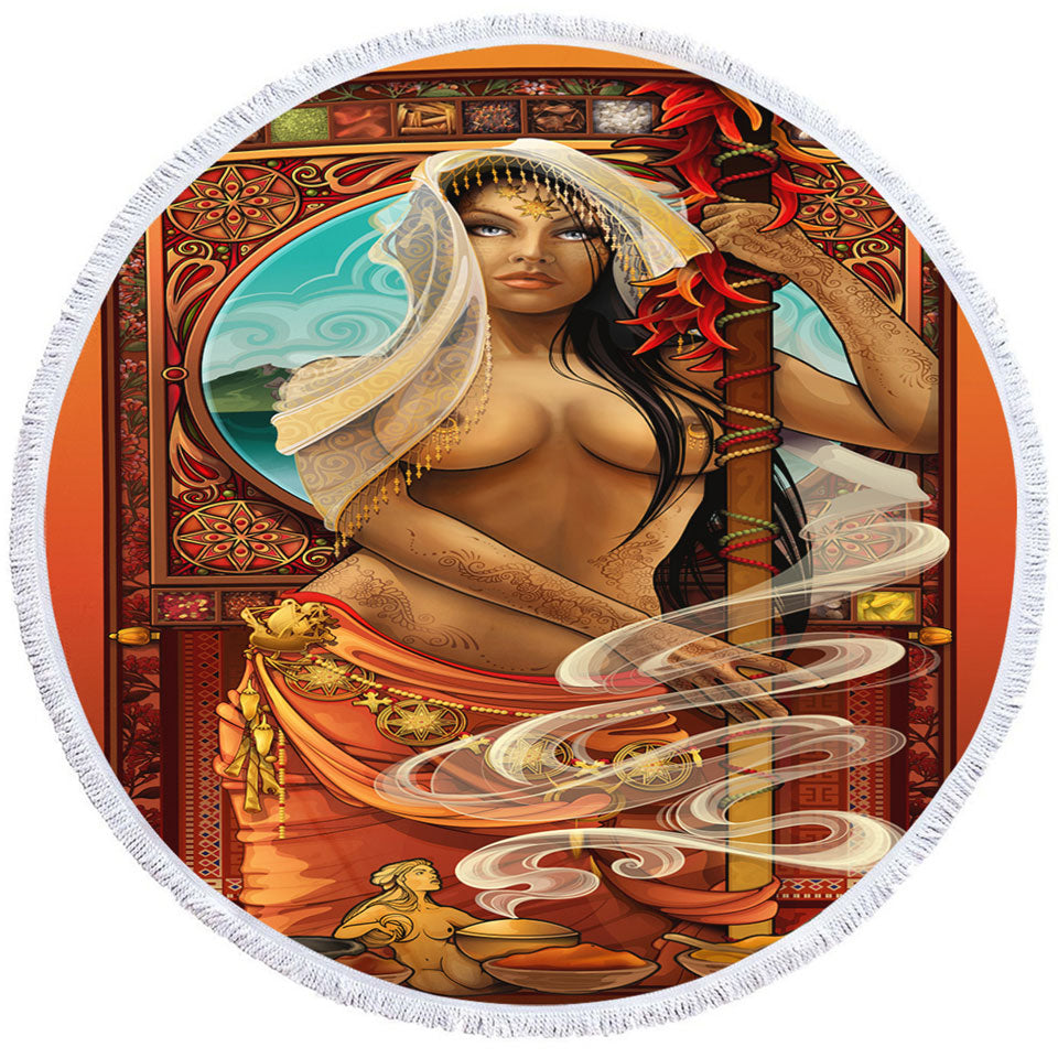 Sexy Oriental Girl Round Beach Towel Goddess of Spices
