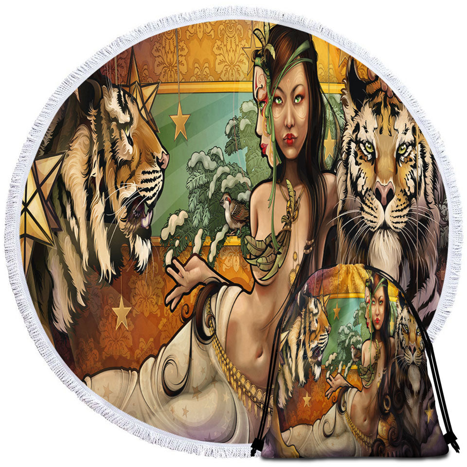 Sexy Princess Woman and her Tigers Round Beach Towel