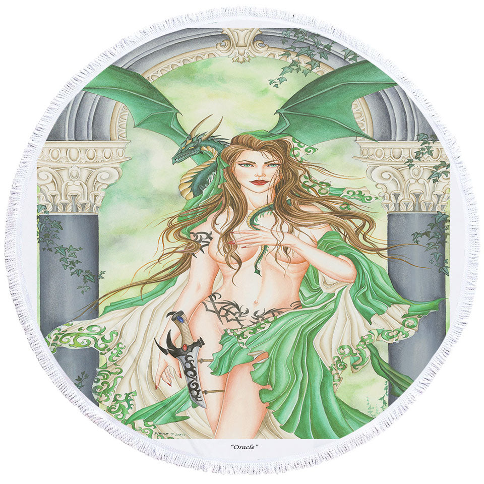 Sexy Round Beach Towel for Men with Fantasy Art the Green Oracle and Dragon