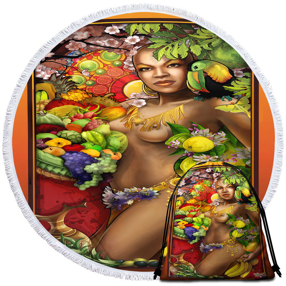 Sexy Round Towel Black Woman Goddess of Fruit