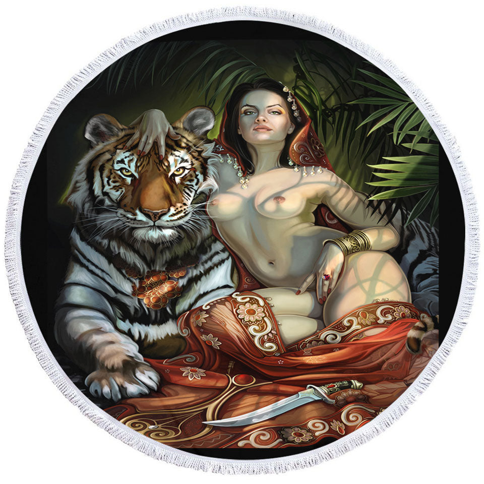 Sexy Woman on Circle Beach Towel the Tiger Princess