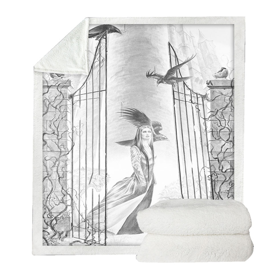 Sherpa Blanket with Black and White Art Drawing Beauty in Castle
