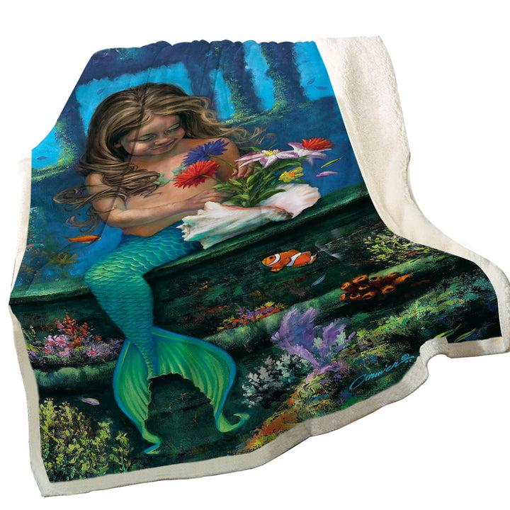 Sherpa Blanket with Cute Girl Mermaid and Underwater Flowers
