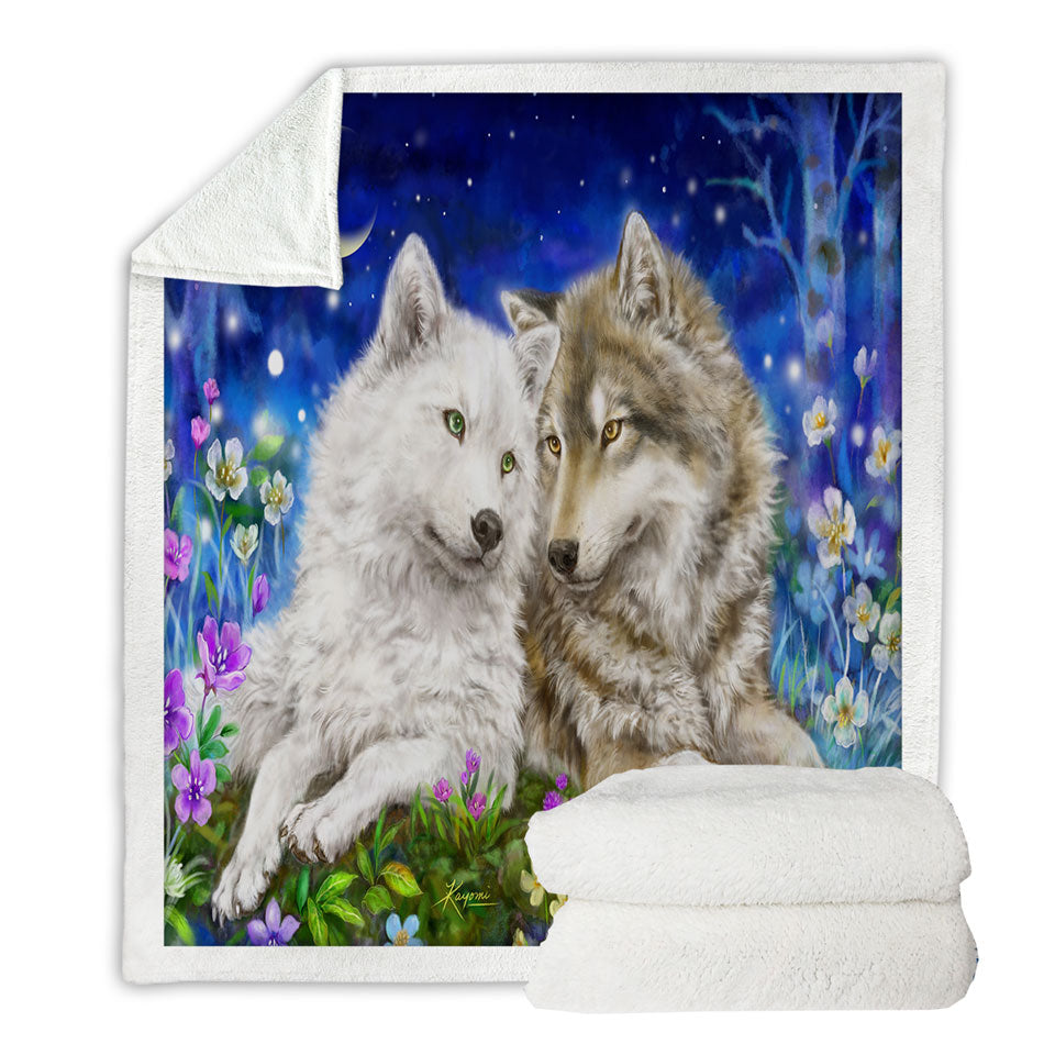 Sherpa Blankets with Wolves Art Design Flowers and Love at Night