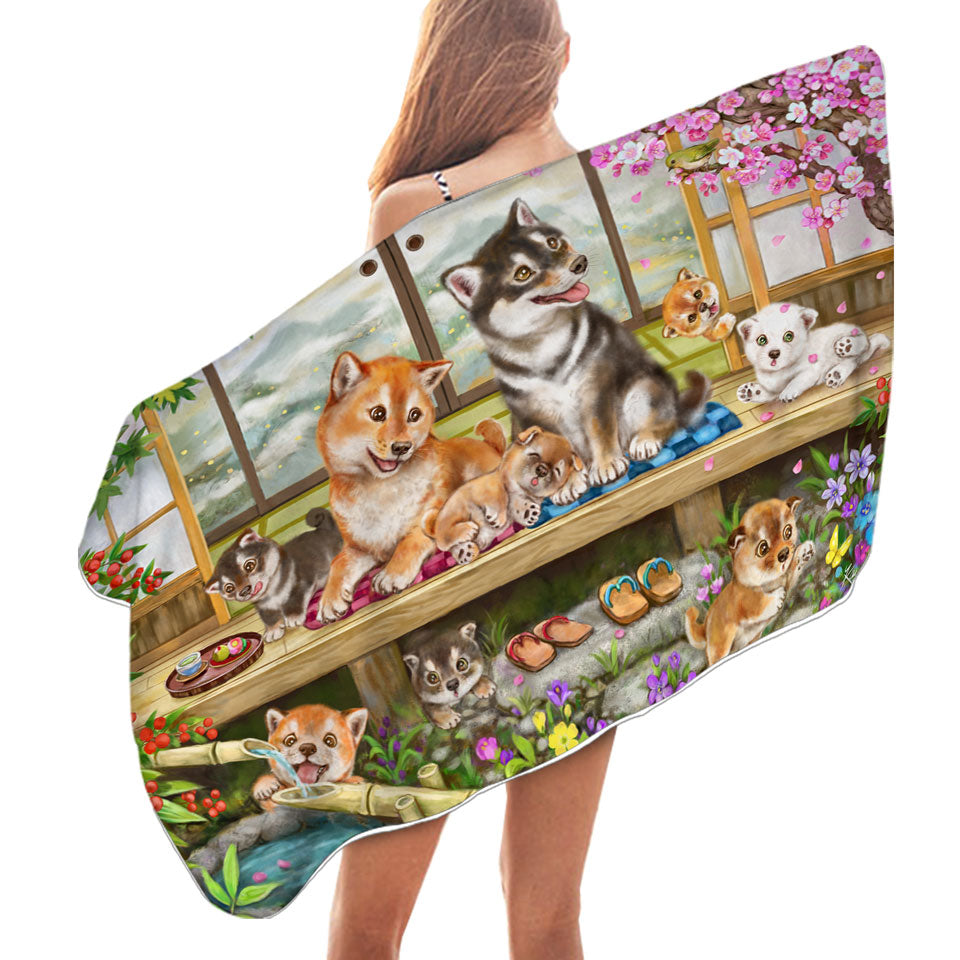 Shiba Inu Dogs and Puppies in Japanese Garden Beach Towels