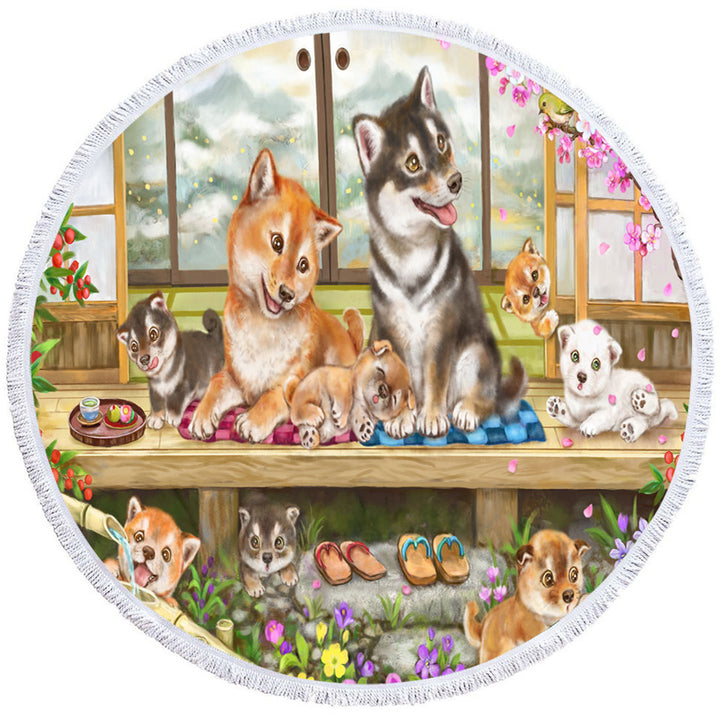 Shiba Inu Dogs and Puppies in Japanese Garden Beautiful Beach Towels