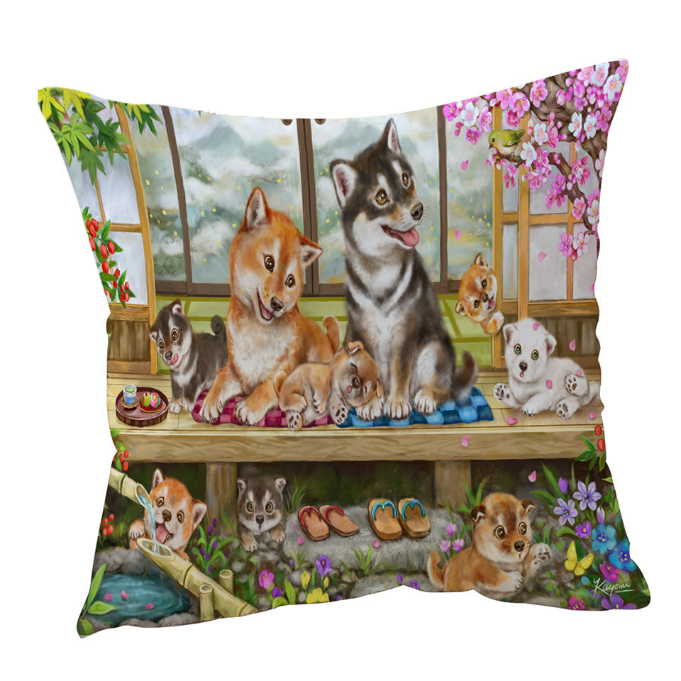 Shiba Inu Dogs and Puppies in Japanese Garden Cushion