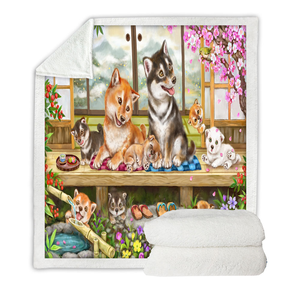 Shiba Inu Dogs and Puppies in Japanese Garden Fleece Blankets