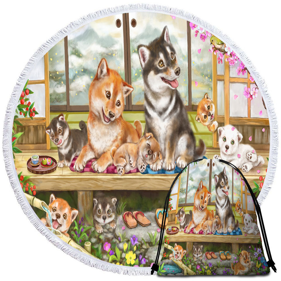 Shiba Inu Dogs and Puppies in Japanese Garden Lightweight Beach Towel