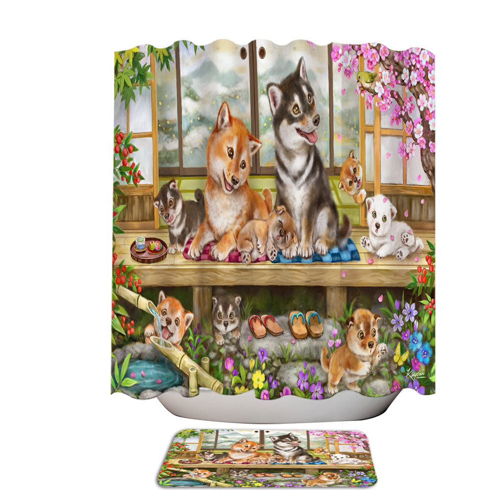 Shiba Inu Dogs and Puppies in Japanese Garden Shower Curtains and Bathroom Rug