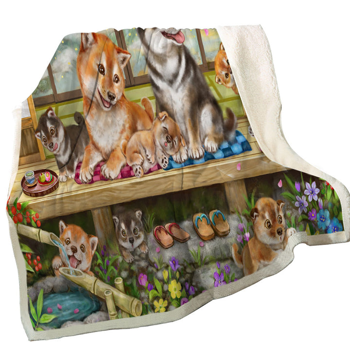 Shiba Inu Dogs and Puppies in Japanese Garden Throw Blanket with Sherpa