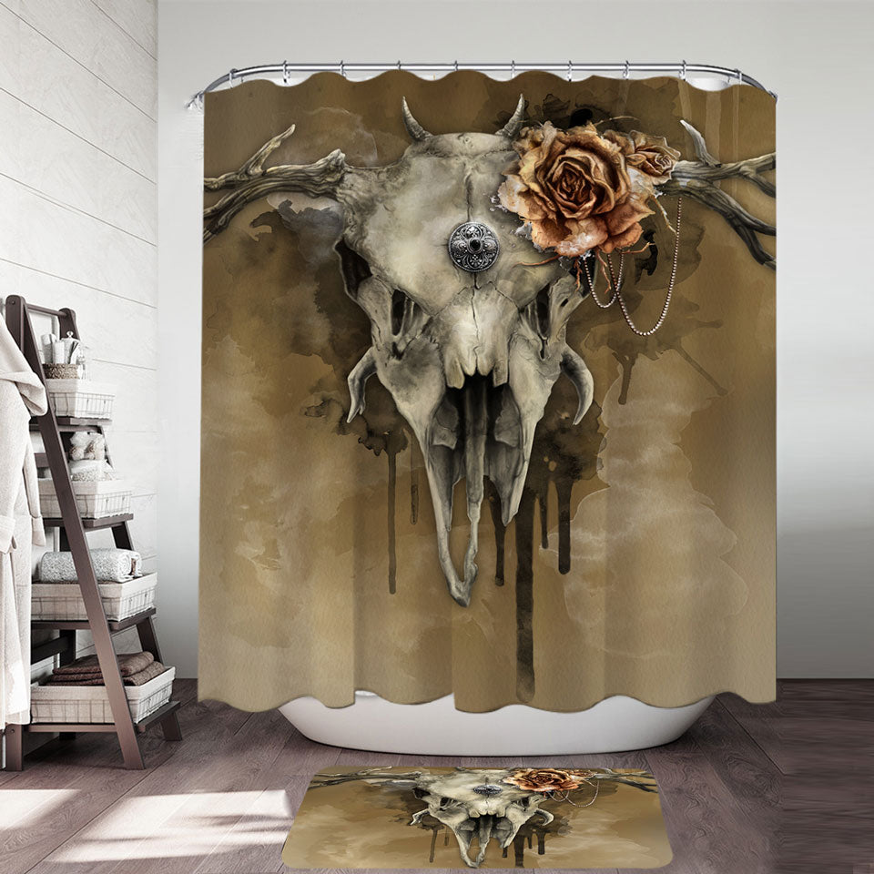 Shower Curtain with Dark Artwork All Shall Fade Rosy Deer Skull Shower Curtain