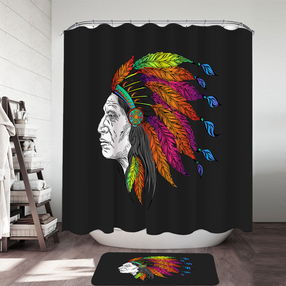 Shower Curtains of Colorful Feathers on a Tough Native American Chief