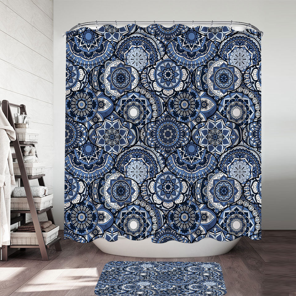 Shower Curtains with Blue Oriental Mandalas