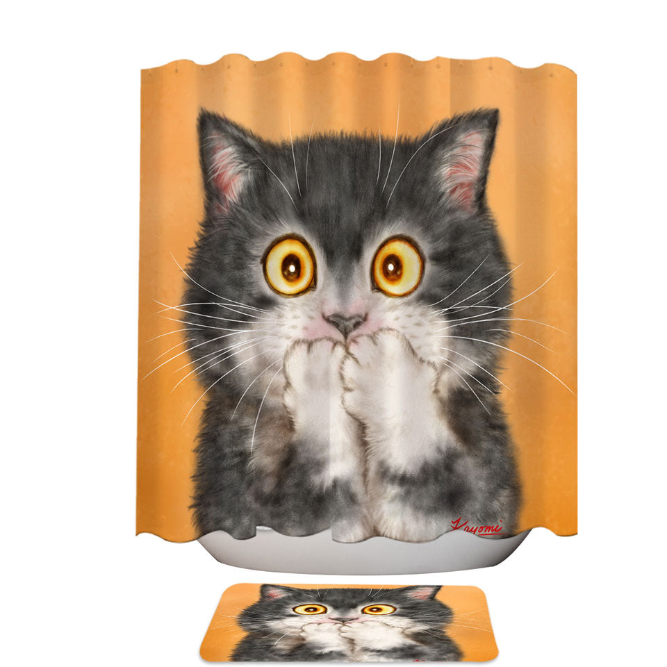Shower Curtains with Funny Painted Cats Grey Kitten in Shock