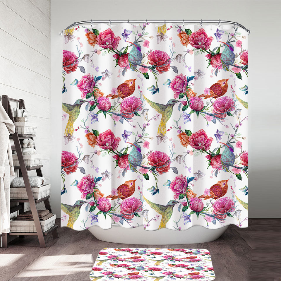 Shower Curtains with Pink Roses and Beautiful Birds