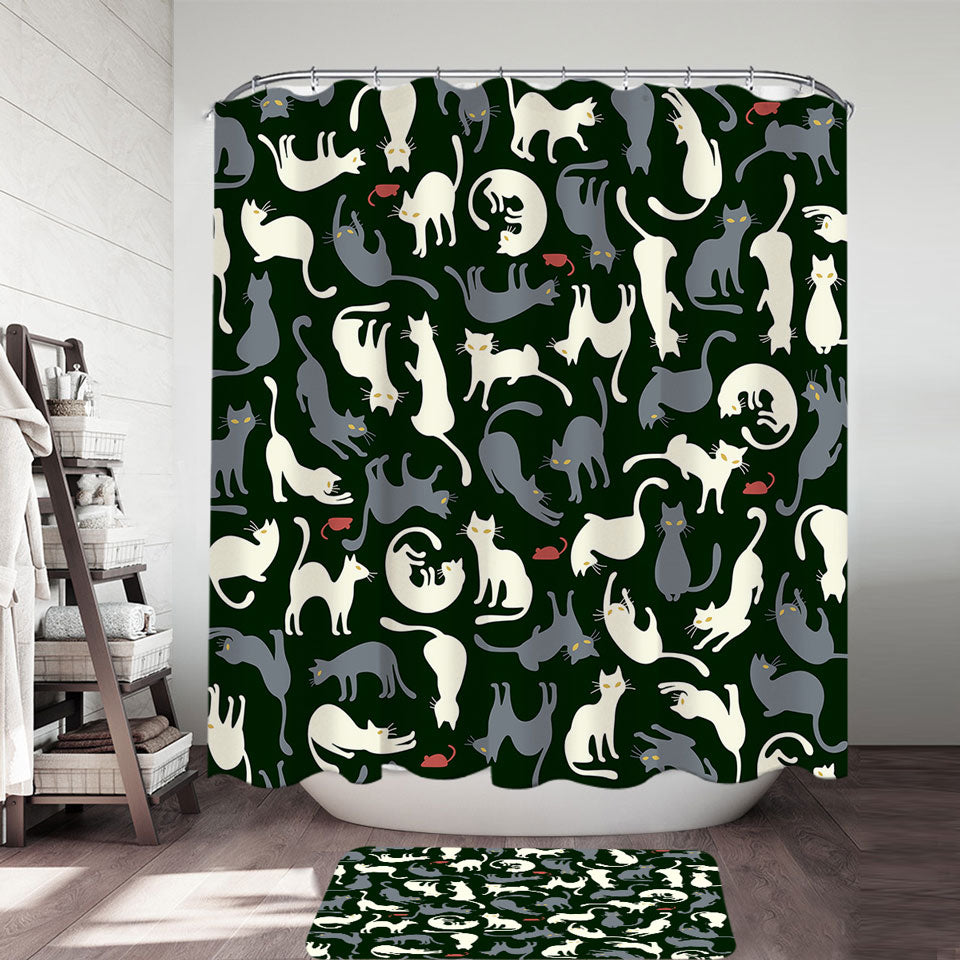 Shower Curtains with Red Mice and White Grey Cats