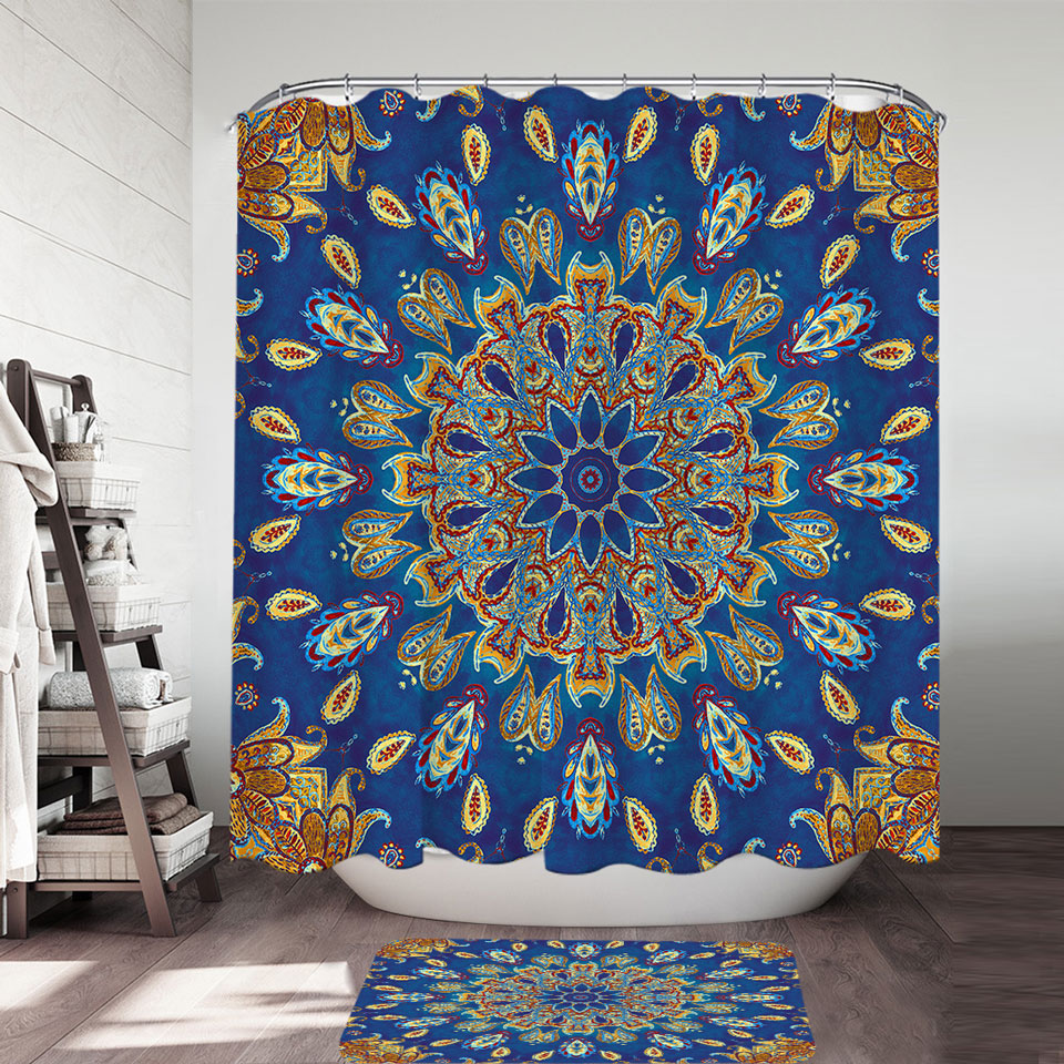 Shower Curtains with Red Yellow Blue Oriental Paisley Mandala