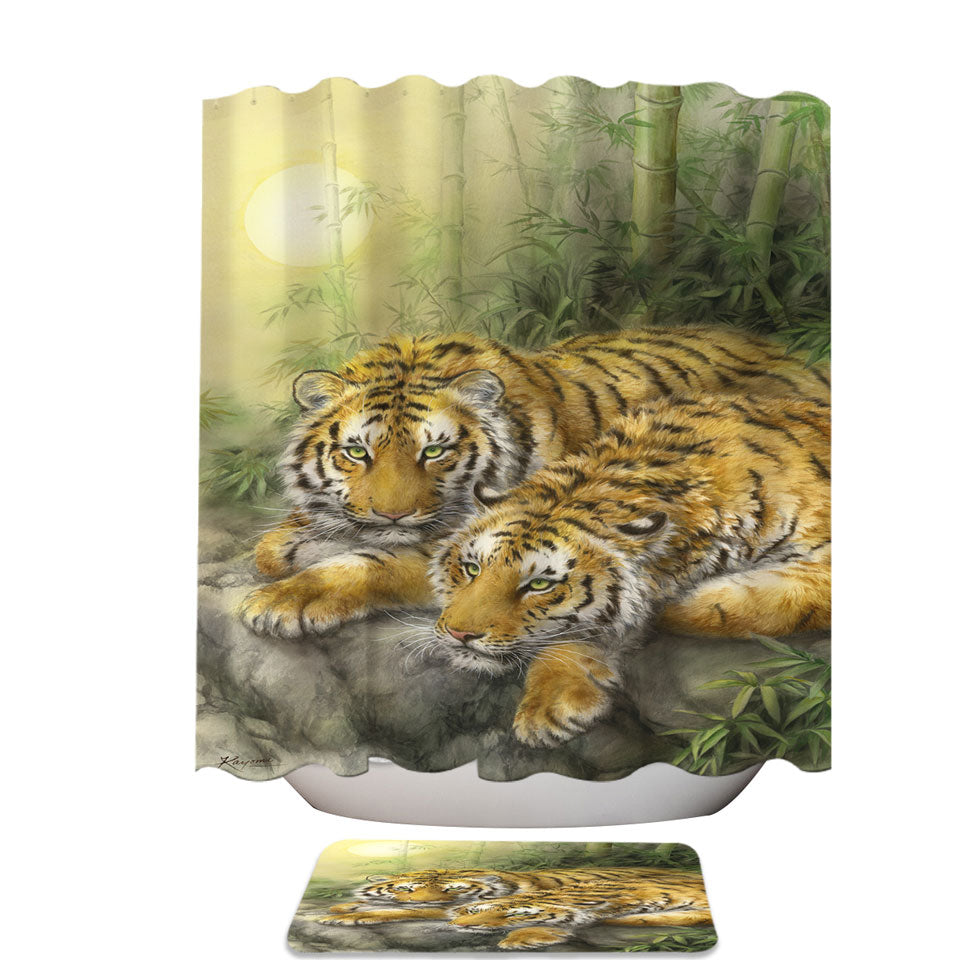 Shower Curtains with Wild Animals Art Tigers Forest Morning