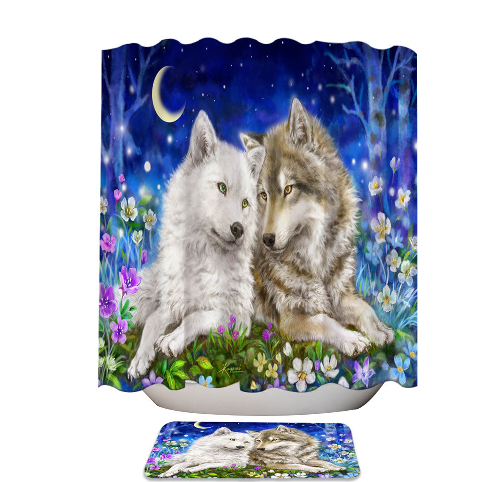 Shower Curtains with Wolves Art Design Flowers and Love at Night