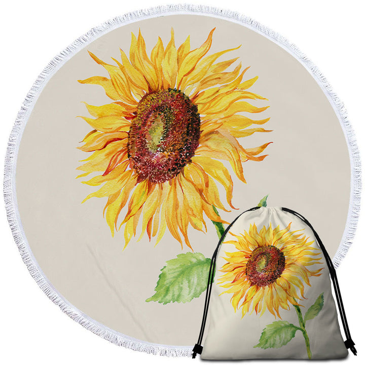 Single Painted Sunflower Round Beach Towel