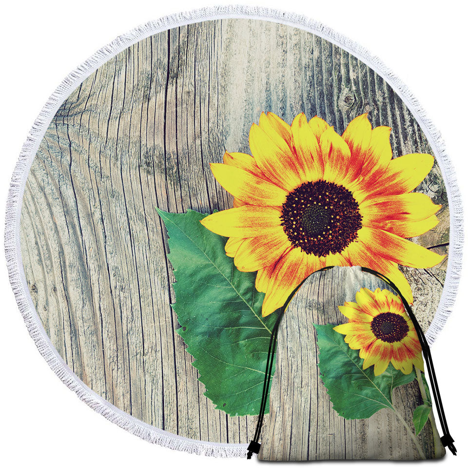 Single Sunflower over Wooden Deck Beach Towels and Bags Set