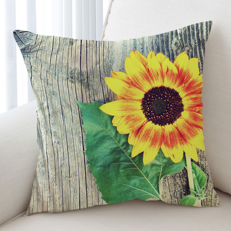 Single Sunflower over Wooden Deck Cushion Covers