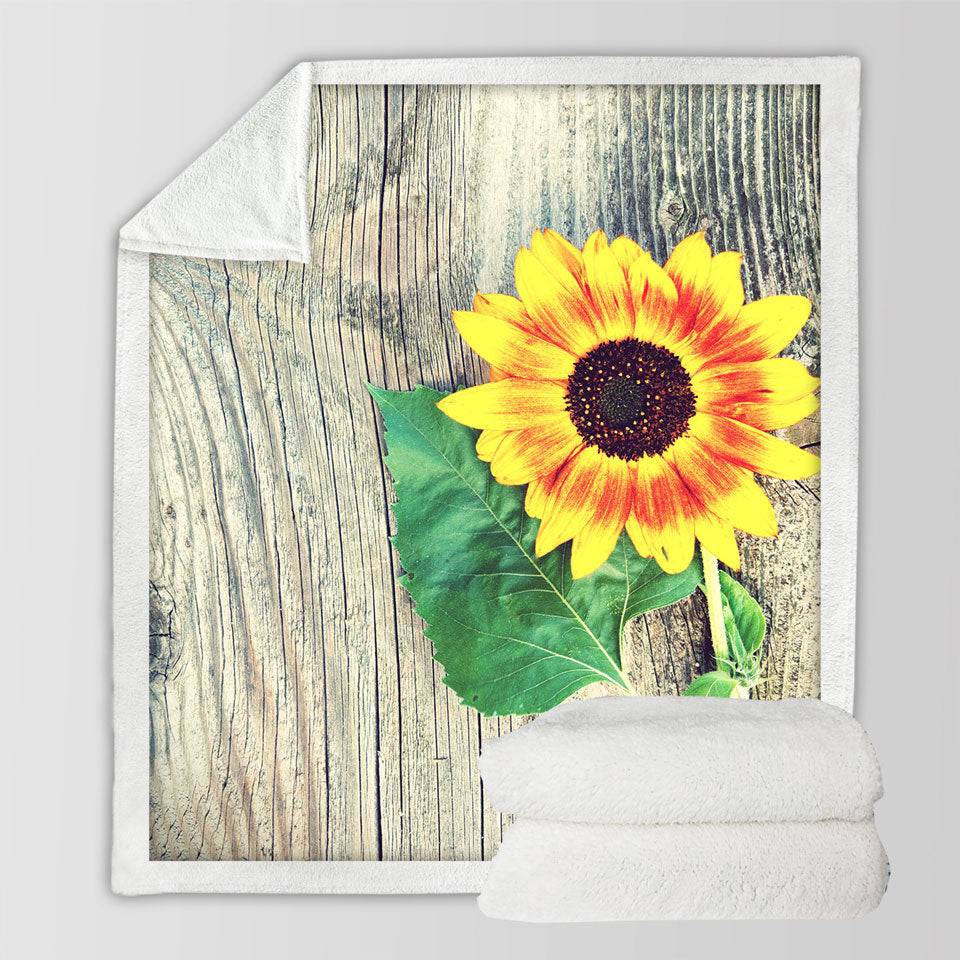 Single Sunflower over Wooden Deck Decorative Throws