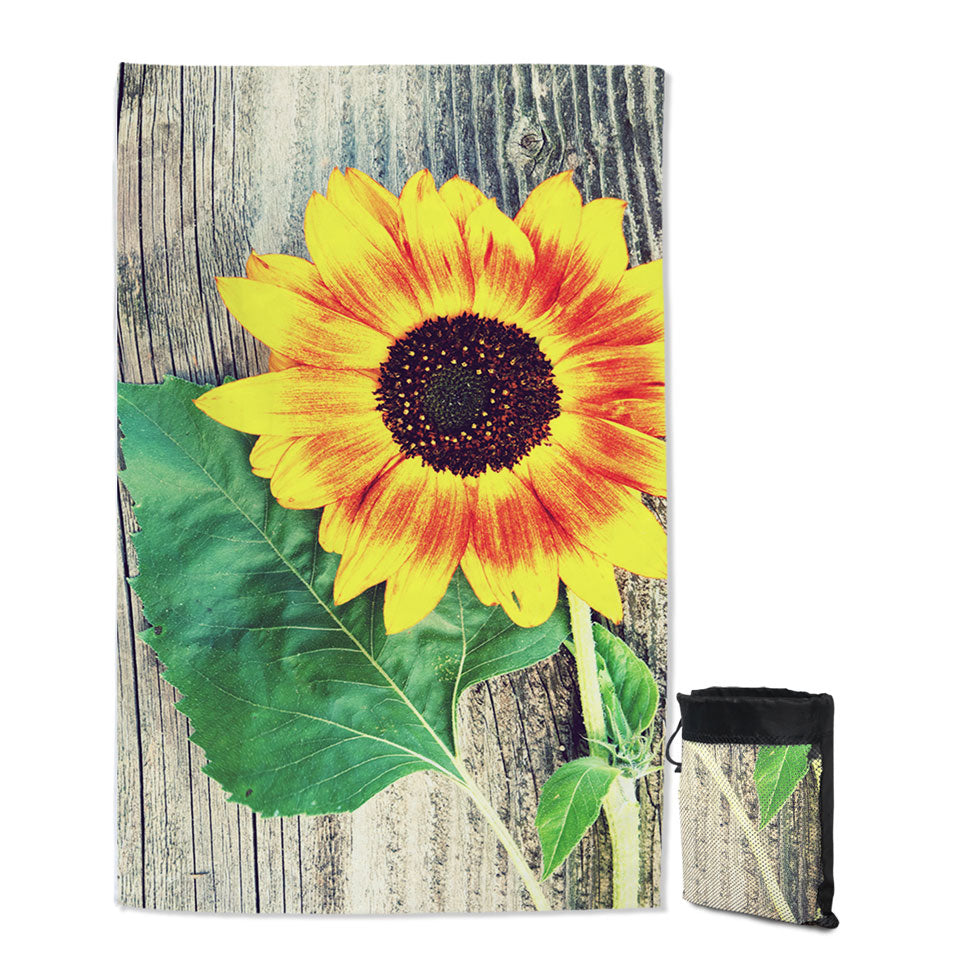 Single Sunflower over Wooden Deck Thin Beach Towels