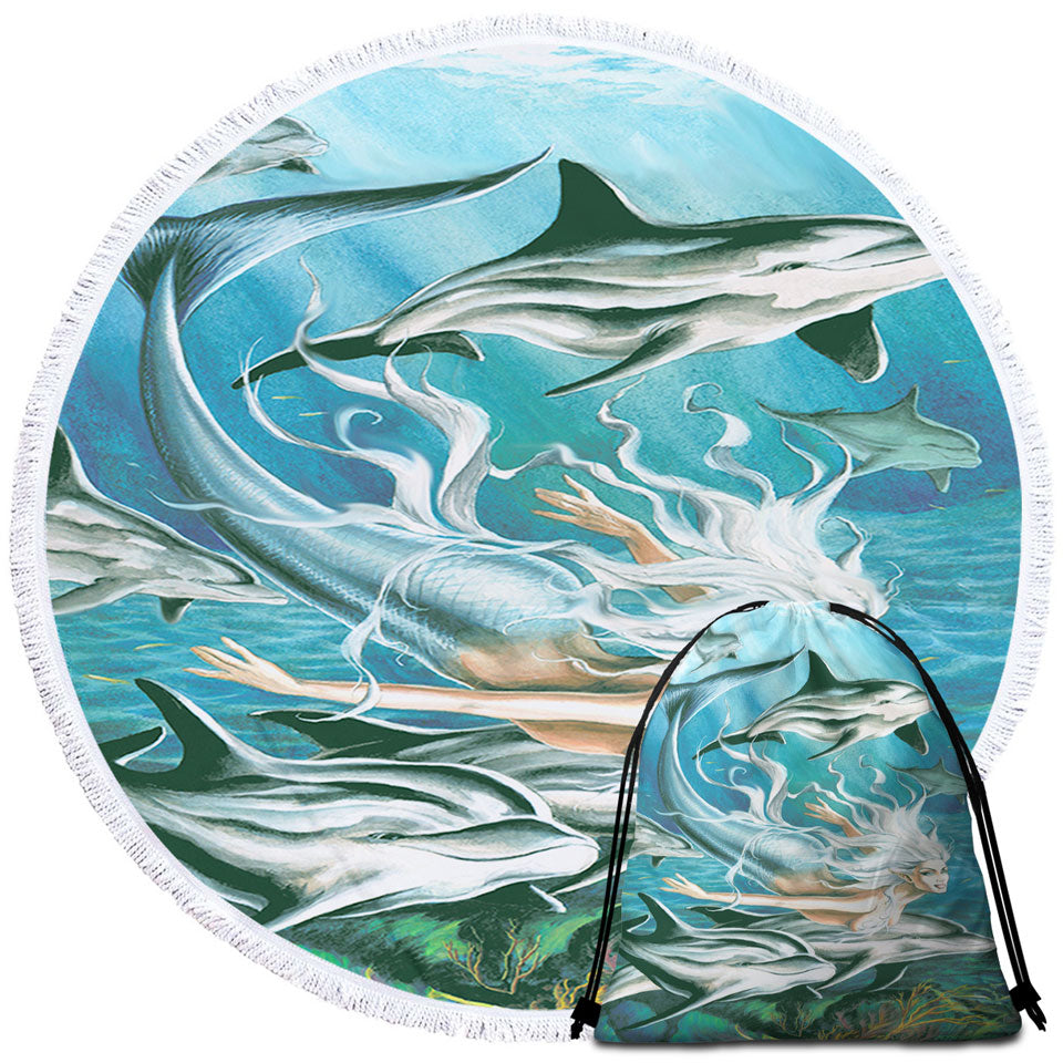 Sirens Mythology Art Dolphins and Mermaid Womens Beach Towel