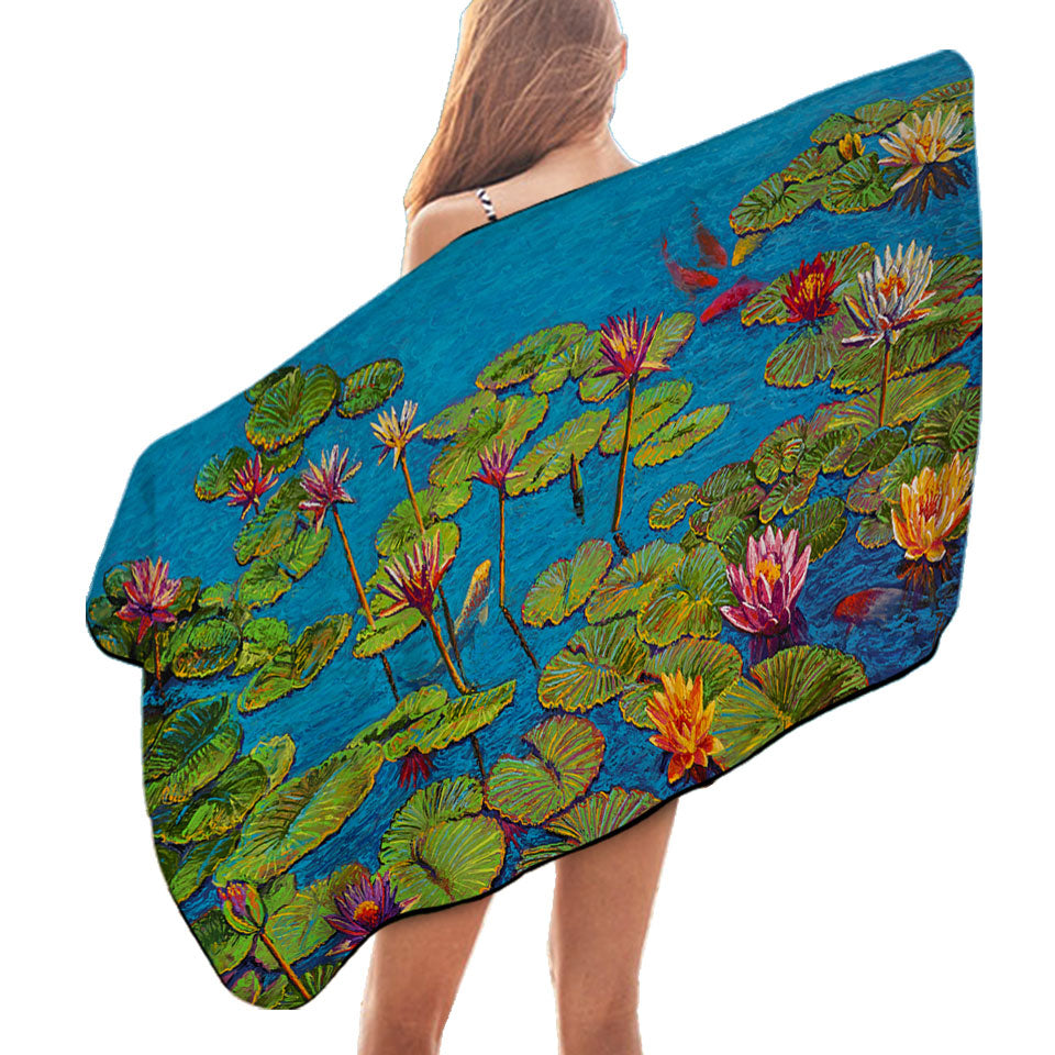 Six Koi Fish in Water Lily Pond Beach Towels
