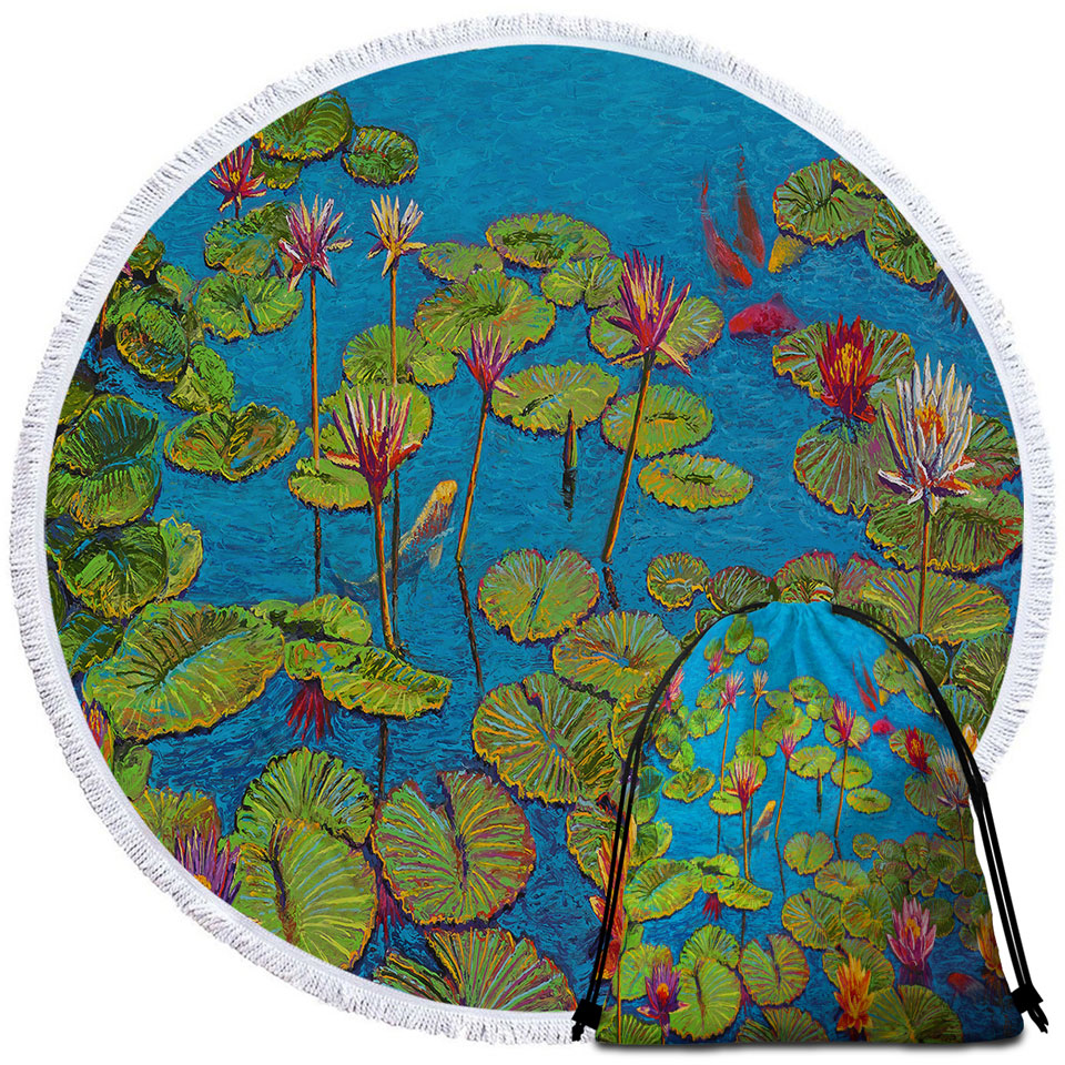 Six Koi Fish in Water Lily Pond Circle beach Towel
