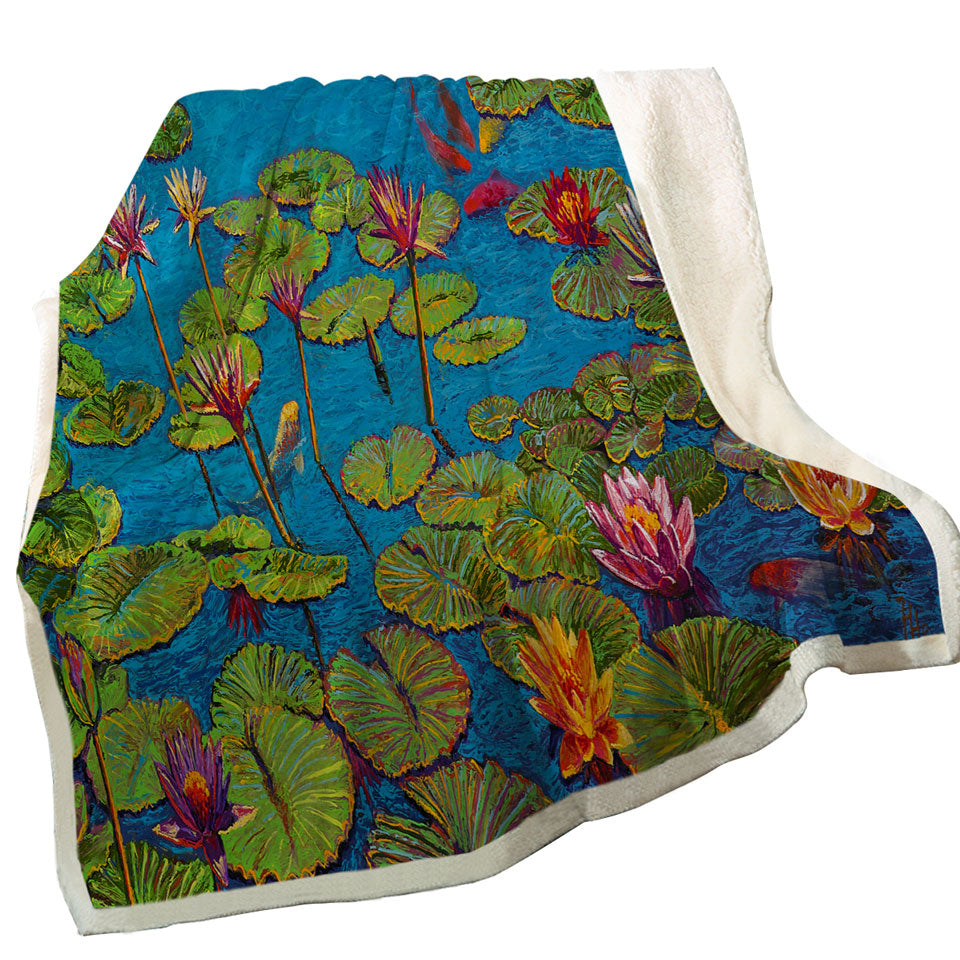 Six Koi Fish in Water Lily Pond Fleece Blankets