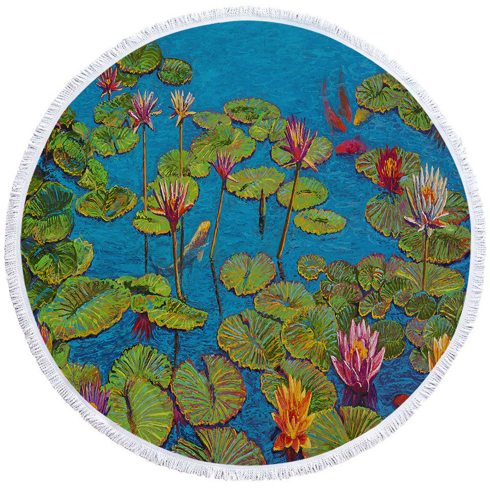 Six Koi Fish in Water Lily Pond Round Beach Towel