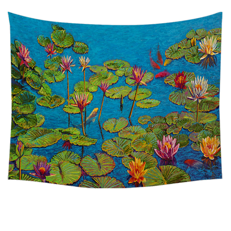 Six Koi Fish in Water Lily Pond Tapestry