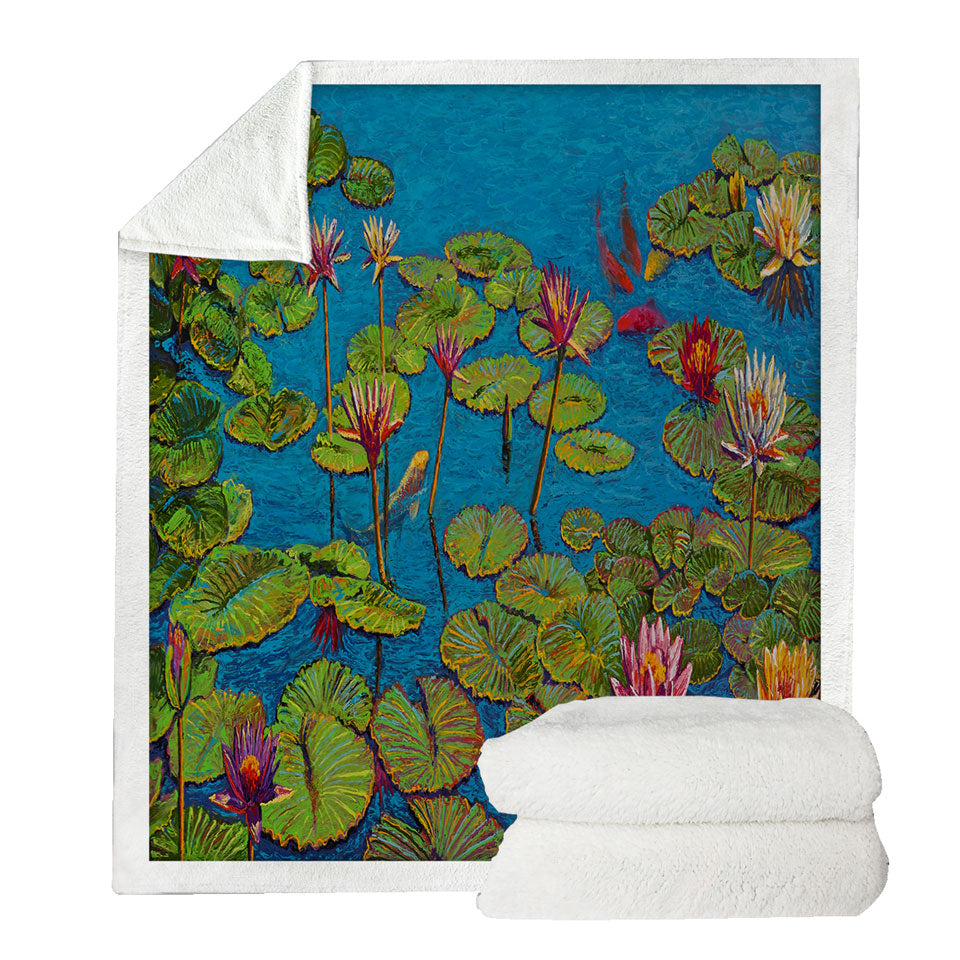 Six Koi Fish in Water Lily Pond Throw Blanket