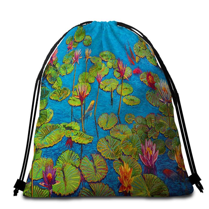 Six Koi Fish in Water Lily Pond Unusual Beach Towels