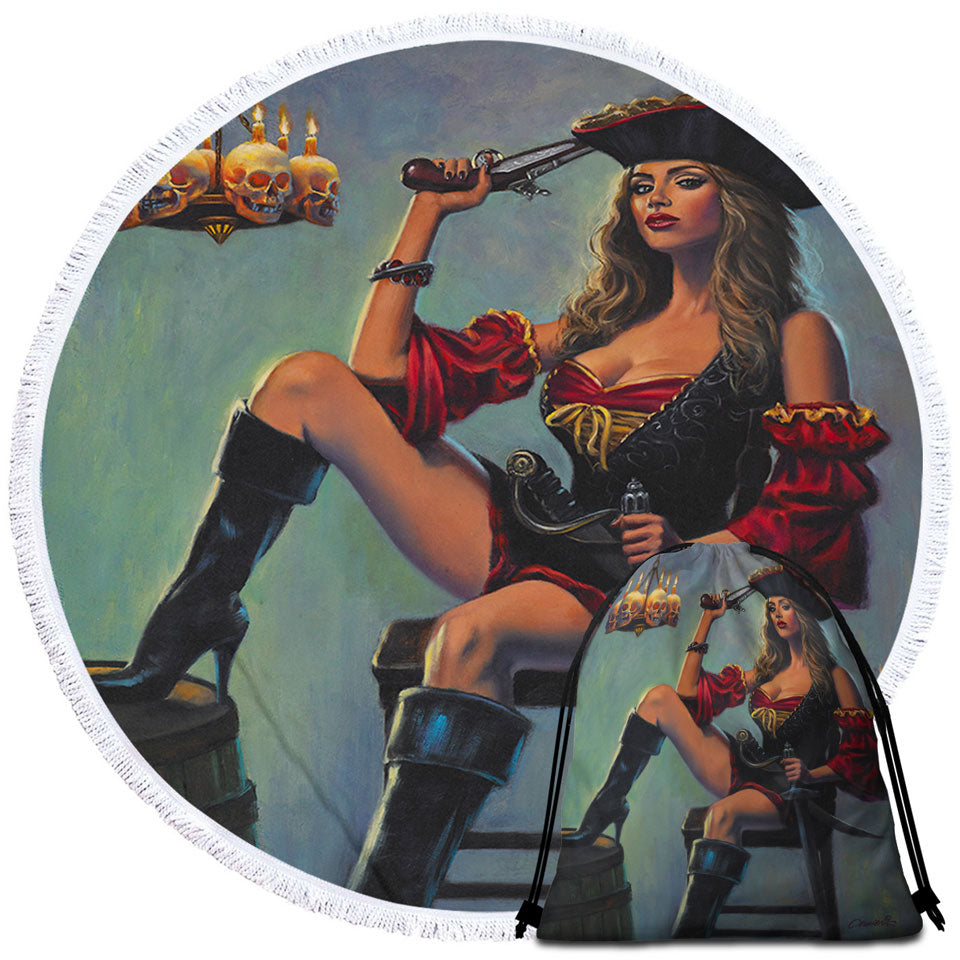 Skull Candles Chandelier Sexy Lady Pirate Circle Beach Towel