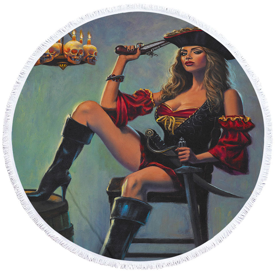 Skull Candles Chandelier Sexy Lady Pirate Round Beach Towel