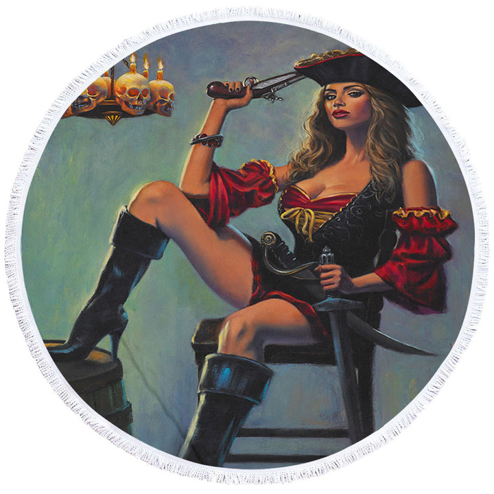 Skull Candles Chandelier Sexy Lady Pirate Round Beach Towel