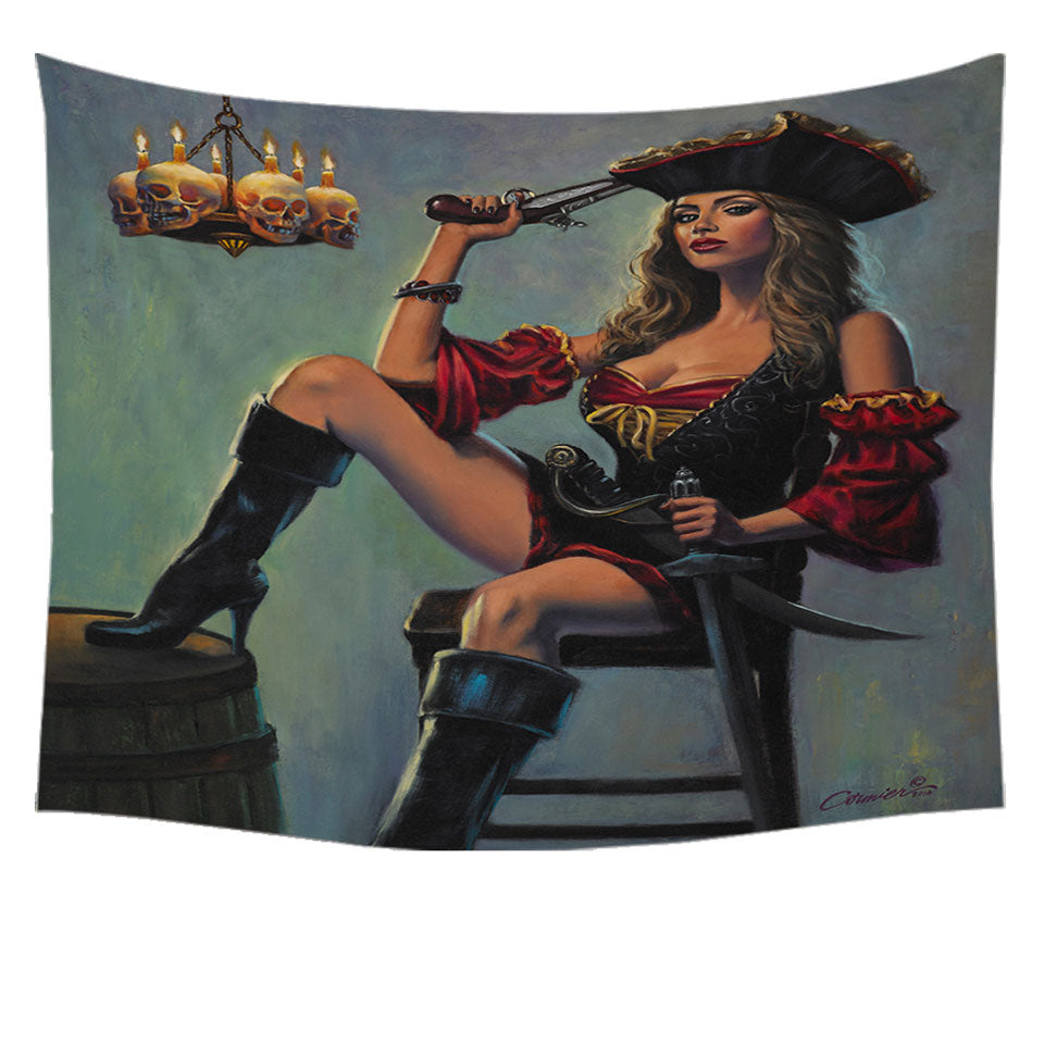 Skull Candles Chandelier Sexy Lady Pirate Wall Decor Tapestry