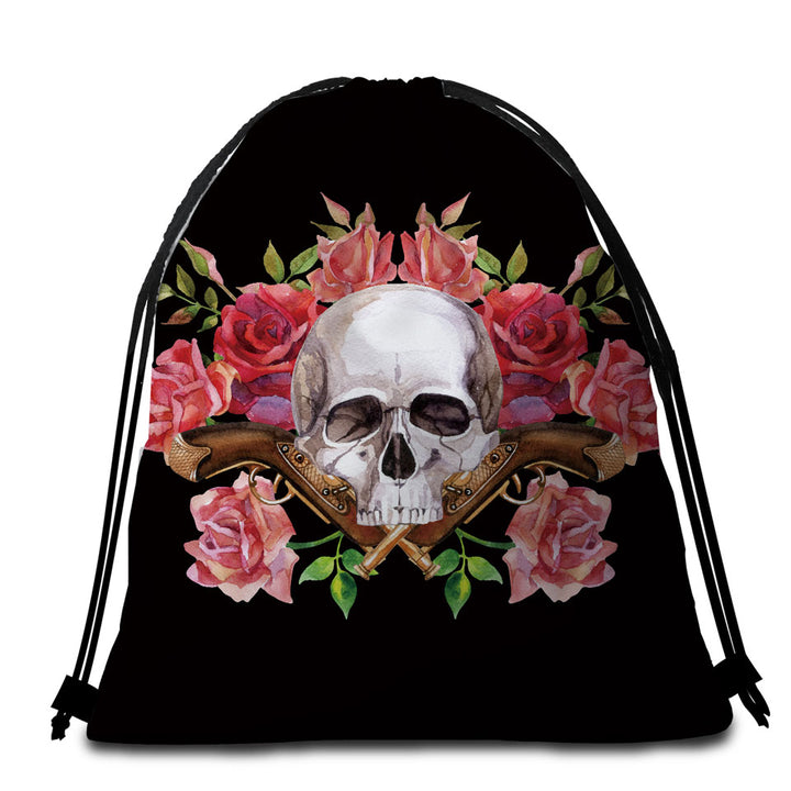 Skull Roses and Vintage Pistols Beach Towel Bags