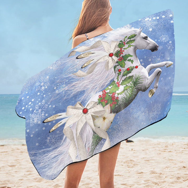 Snowflakes Winter White Horse Beach Towel