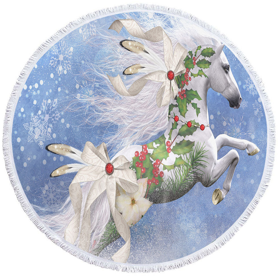 Snowflakes Winter White Horse Circle Beach Towel