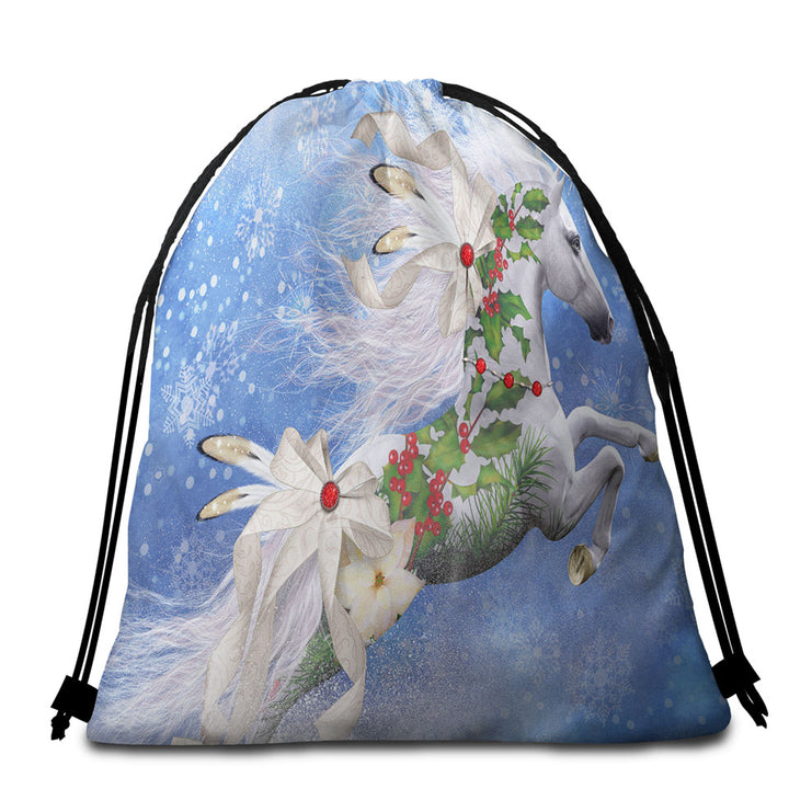 Snowflakes Winter White Horse Packable Beach Towel