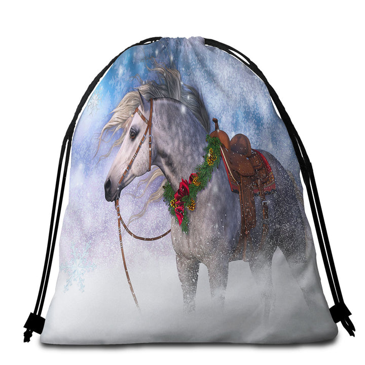 Snowy Christmas Beach Bags and Towels with White Horse