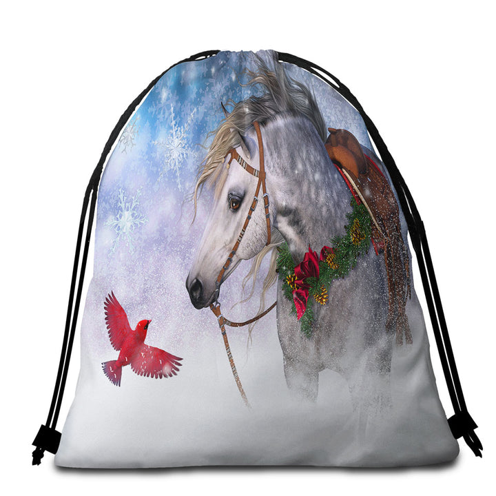 Snowy Christmas Beach Towel Bags with Red Bird and White Horse